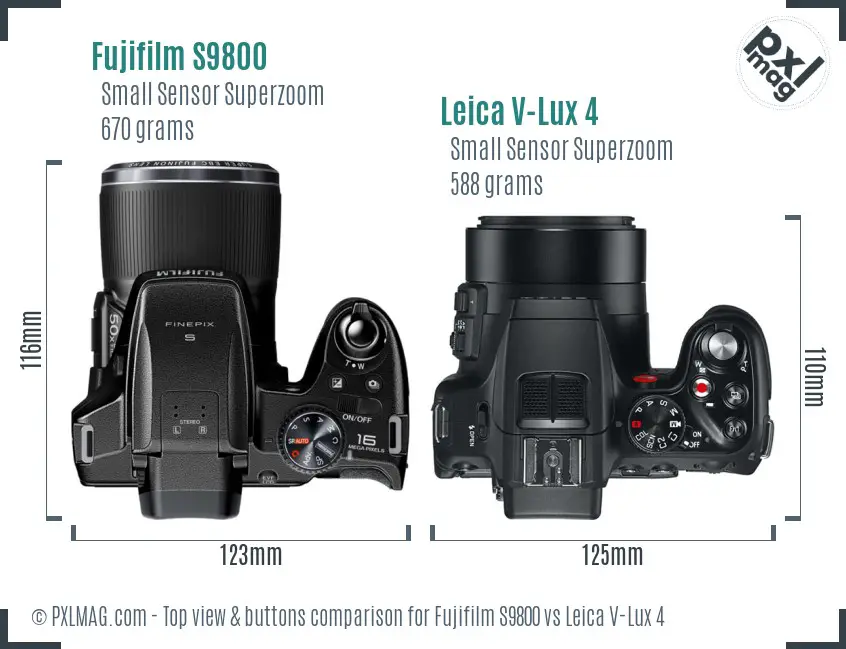 Fujifilm S9800 vs Leica V-Lux 4 top view buttons comparison