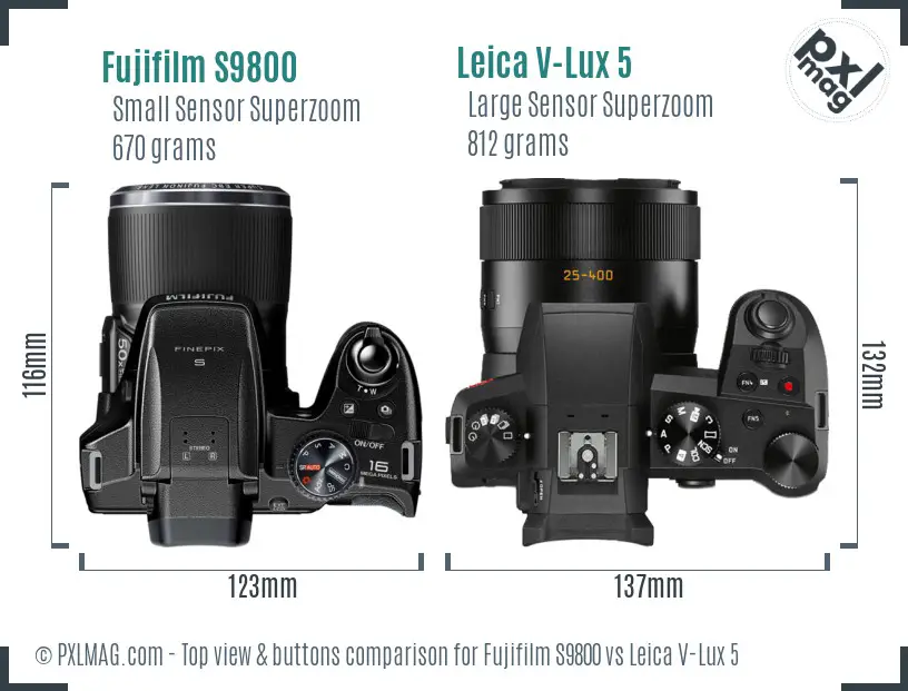 Fujifilm S9800 vs Leica V-Lux 5 top view buttons comparison