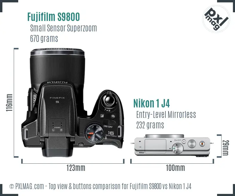Fujifilm S9800 vs Nikon 1 J4 top view buttons comparison