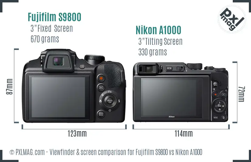 Fujifilm S9800 vs Nikon A1000 Screen and Viewfinder comparison