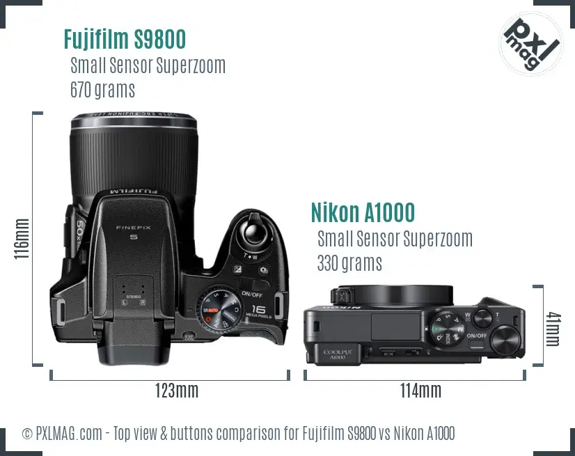 Fujifilm S9800 vs Nikon A1000 top view buttons comparison