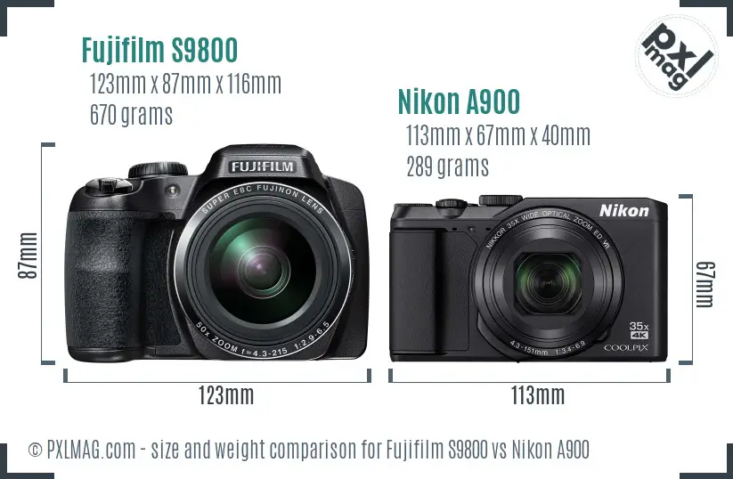 Fujifilm S9800 vs Nikon A900 size comparison