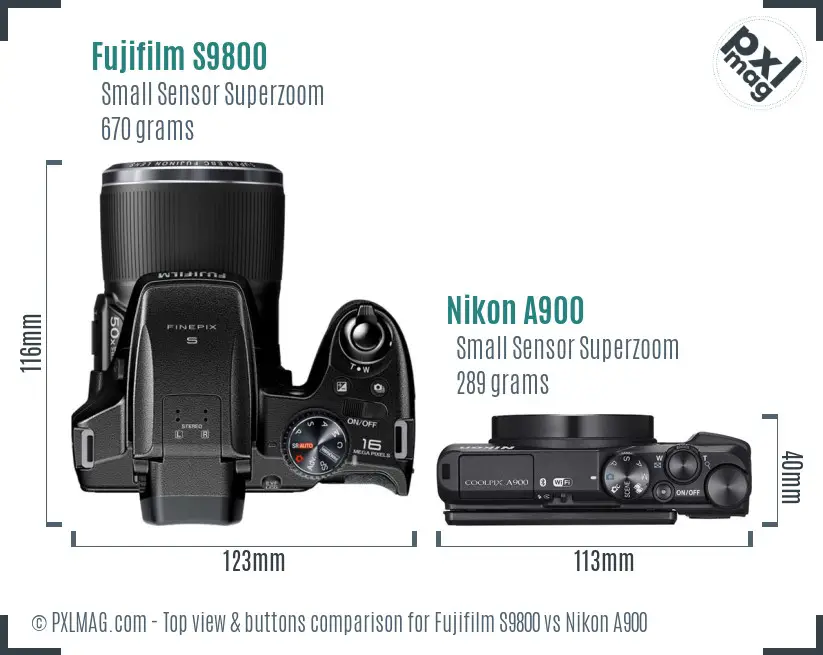 Fujifilm S9800 vs Nikon A900 top view buttons comparison