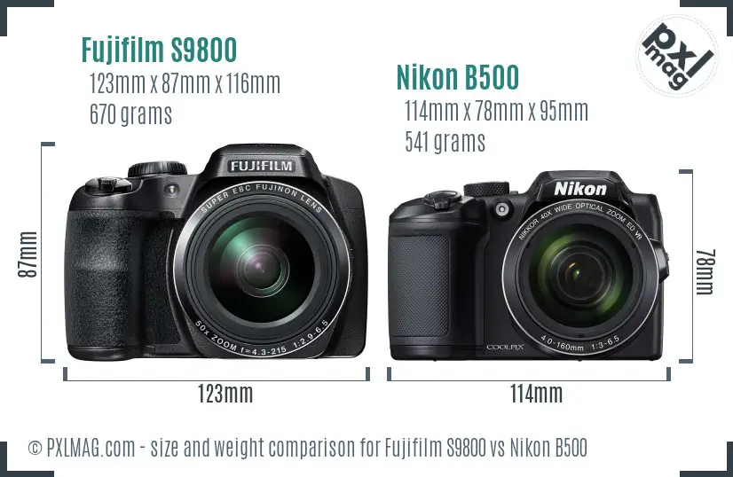 Fujifilm S9800 vs Nikon B500 size comparison