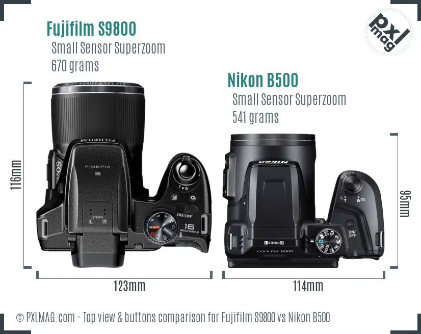 Fujifilm S9800 vs Nikon B500 top view buttons comparison