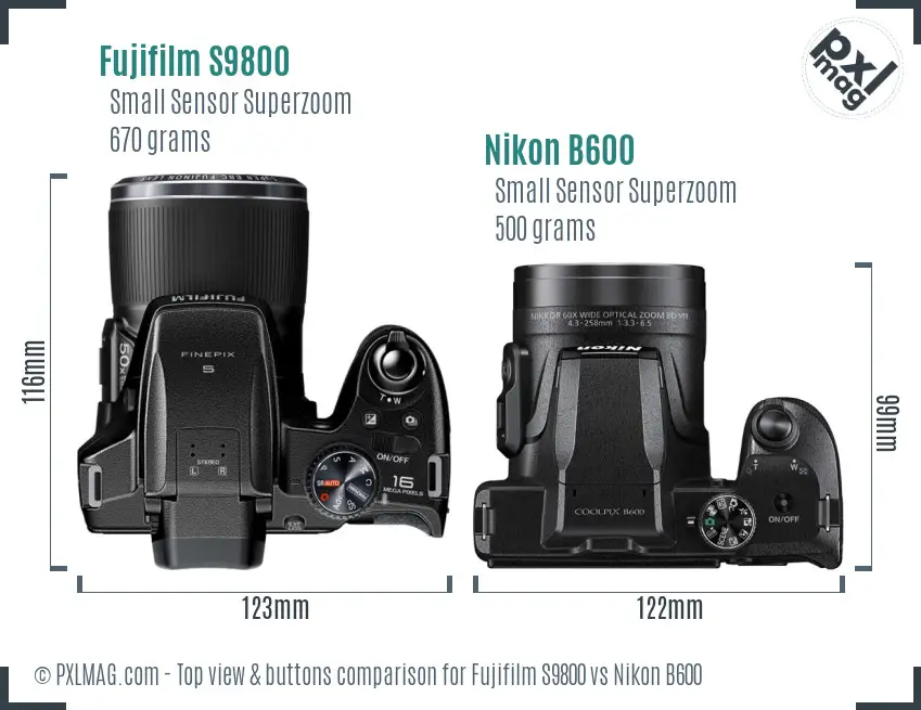 Fujifilm S9800 vs Nikon B600 top view buttons comparison