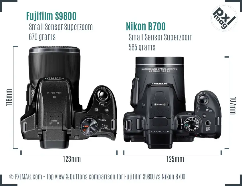 Fujifilm S9800 vs Nikon B700 top view buttons comparison