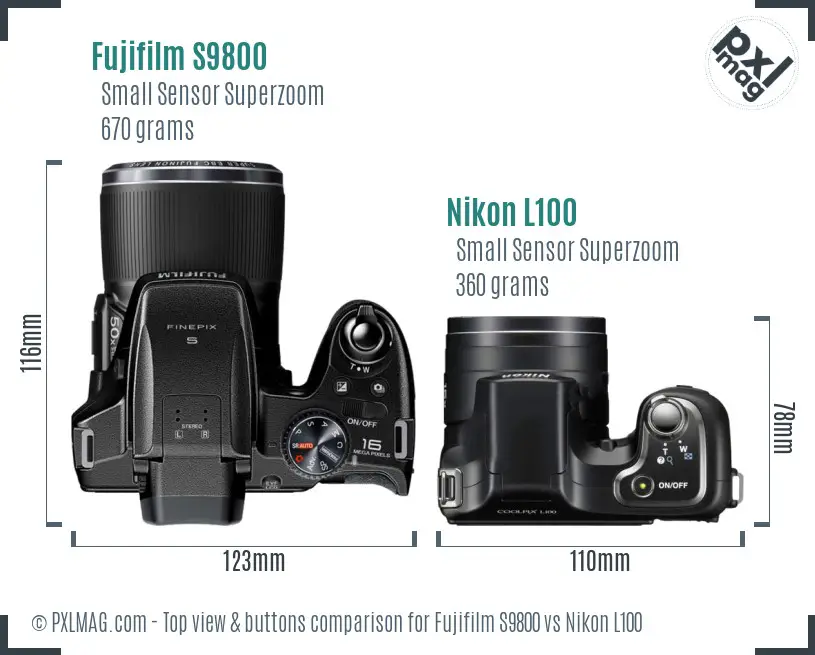 Fujifilm S9800 vs Nikon L100 top view buttons comparison Fujifilm S9800 vs Nikon L100 top view buttons comparison