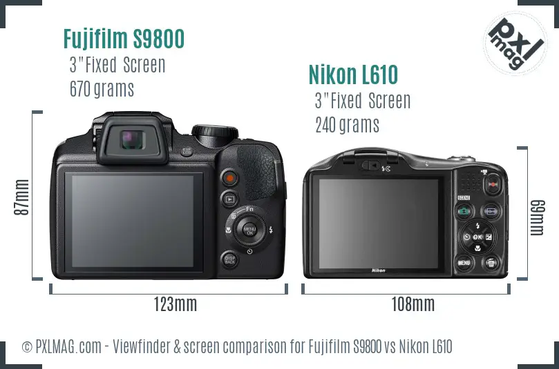 Fujifilm S9800 vs Nikon L610 Screen and Viewfinder comparison