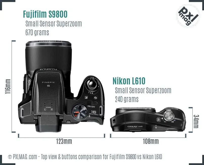 Fujifilm S9800 vs Nikon L610 top view buttons comparison