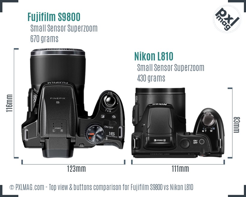 Fujifilm S9800 vs Nikon L810 top view buttons comparison