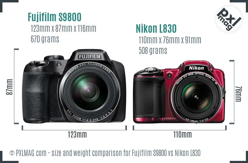 Fujifilm S9800 vs Nikon L830 size comparison