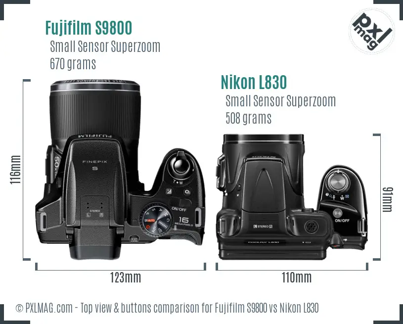 Fujifilm S9800 vs Nikon L830 top view buttons comparison