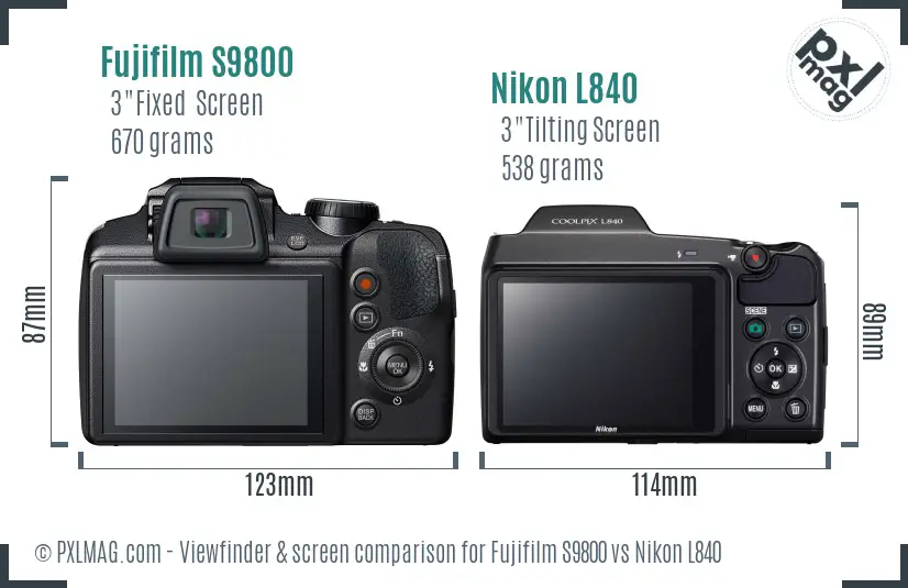 Fujifilm S9800 vs Nikon L840 Screen and Viewfinder comparison