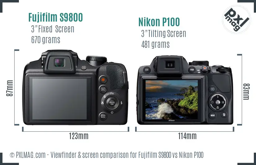 Fujifilm S9800 vs Nikon P100 Screen and Viewfinder comparison