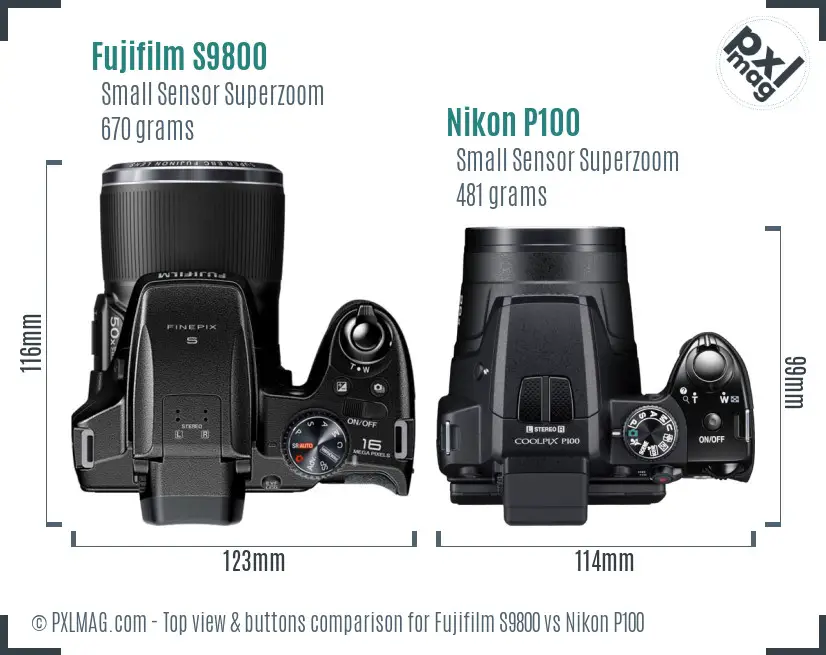 Fujifilm S9800 vs Nikon P100 top view buttons comparison
