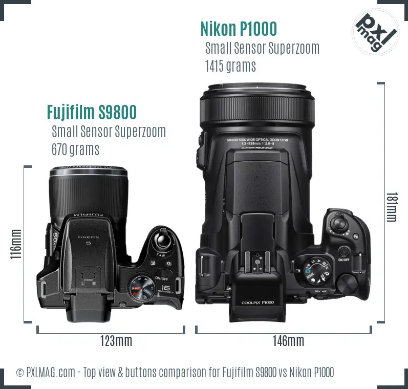 Fujifilm S9800 vs Nikon P1000 top view buttons comparison
