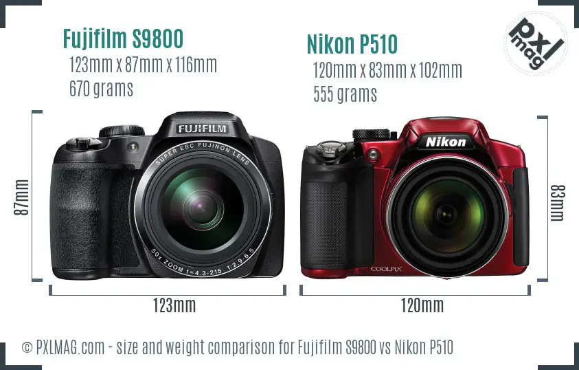 Fujifilm S9800 vs Nikon P510 size comparison