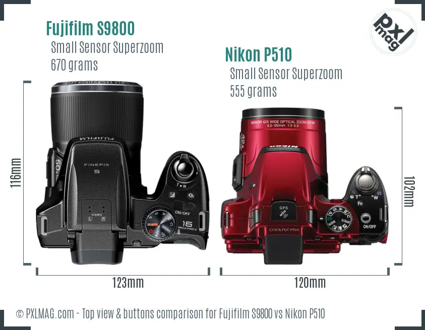 Fujifilm S9800 vs Nikon P510 top view buttons comparison