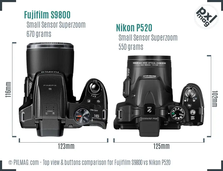 Fujifilm S9800 vs Nikon P520 top view buttons comparison