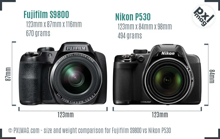 Fujifilm S9800 vs Nikon P530 size comparison