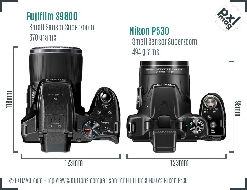 Fujifilm S9800 vs Nikon P530 top view buttons comparison