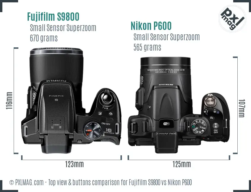 Fujifilm S9800 vs Nikon P600 top view buttons comparison