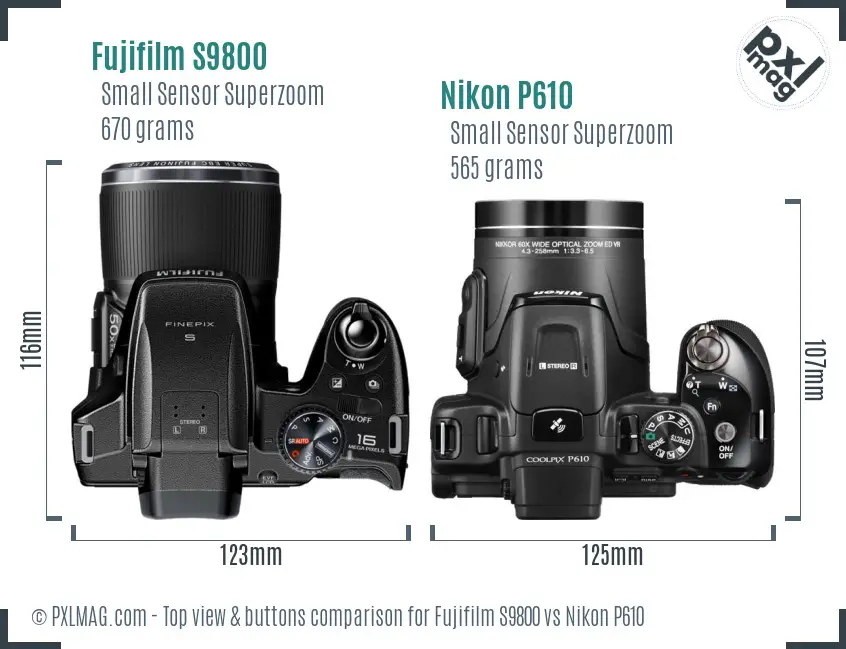 Fujifilm S9800 vs Nikon P610 top view buttons comparison