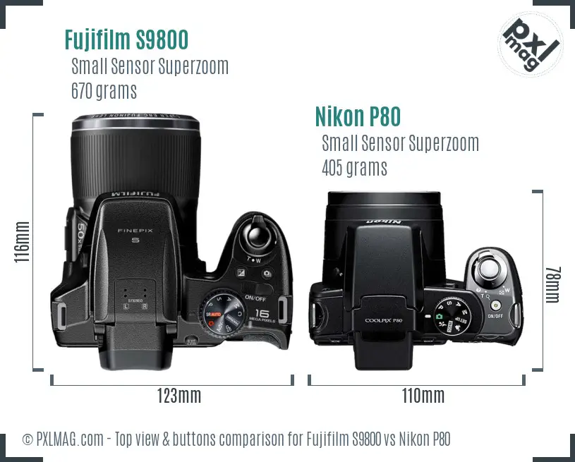 Fujifilm S9800 vs Nikon P80 top view buttons comparison