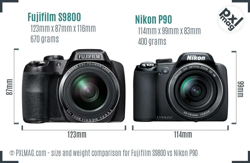Fujifilm S9800 vs Nikon P90 size comparison