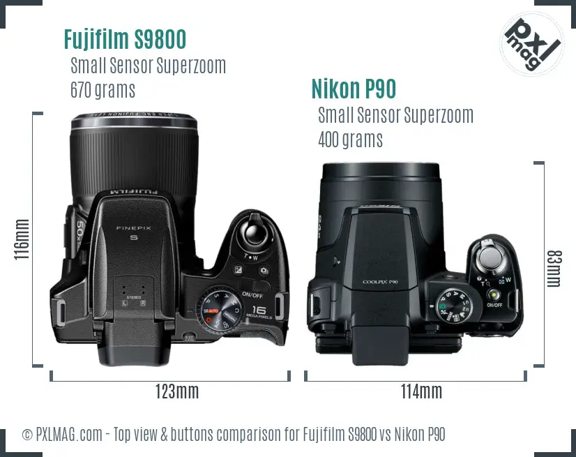 Fujifilm S9800 vs Nikon P90 top view buttons comparison