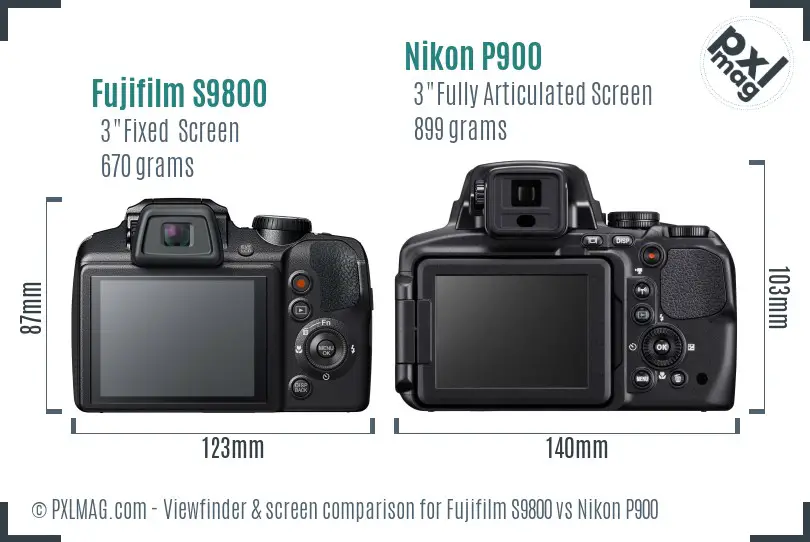 Fujifilm S9800 vs Nikon P900 Screen and Viewfinder comparison