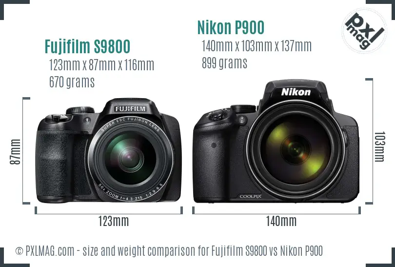 Fujifilm S9800 vs Nikon P900 size comparison