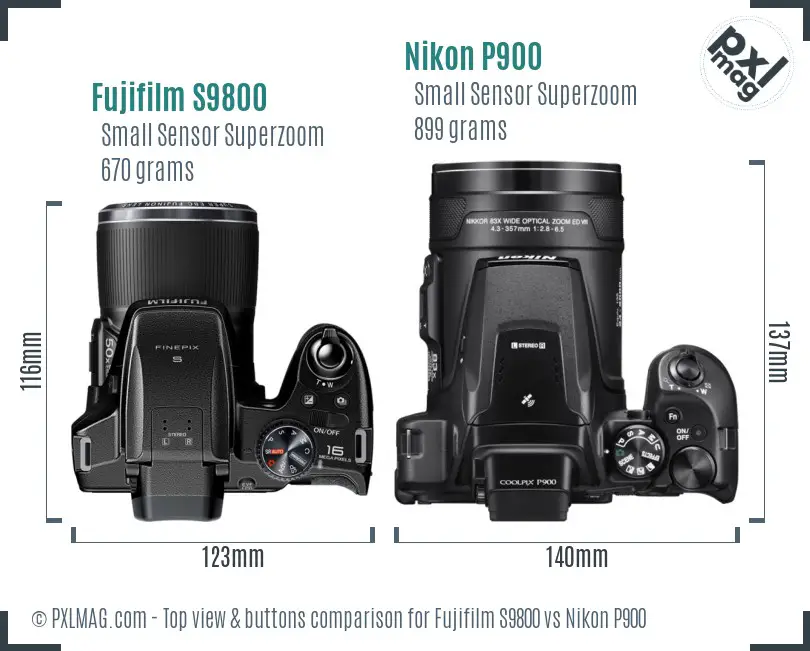 Fujifilm S9800 vs Nikon P900 top view buttons comparison