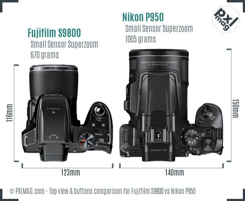 Fujifilm S9800 vs Nikon P950 top view buttons comparison