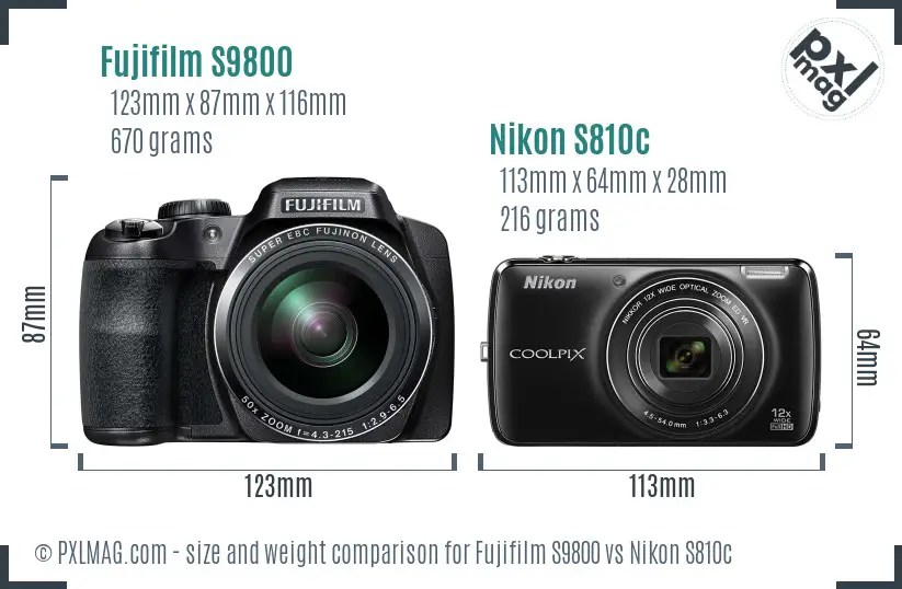 Fujifilm S9800 vs Nikon S810c size comparison