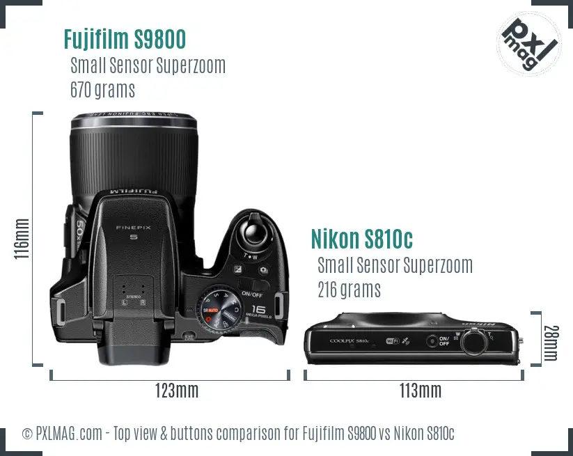 Fujifilm S9800 vs Nikon S810c top view buttons comparison