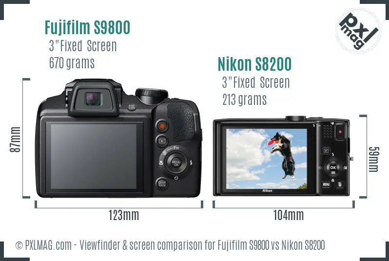 Fujifilm S9800 vs Nikon S8200 Screen and Viewfinder comparison