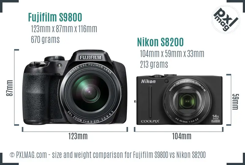 Fujifilm S9800 vs Nikon S8200 size comparison