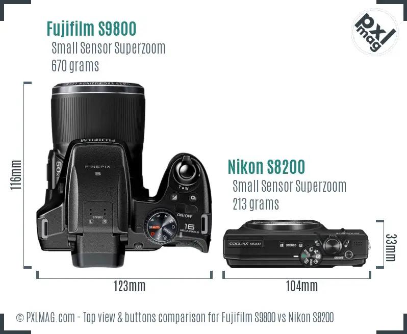 Fujifilm S9800 vs Nikon S8200 top view buttons comparison