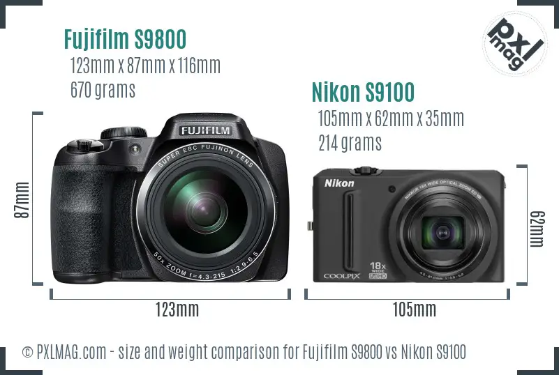 Fujifilm S9800 vs Nikon S9100 size comparison