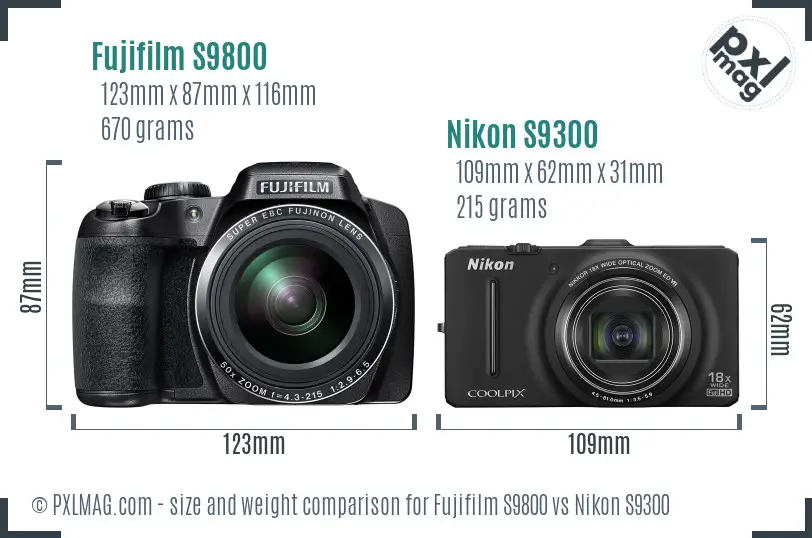 Fujifilm S9800 vs Nikon S9300 size comparison