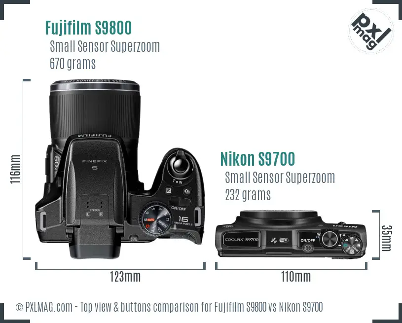 Fujifilm S9800 vs Nikon S9700 top view buttons comparison