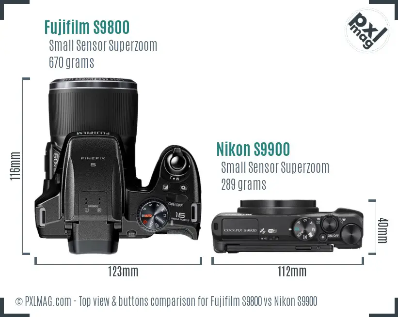 Fujifilm S9800 vs Nikon S9900 top view buttons comparison