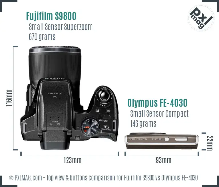 Fujifilm S9800 vs Olympus FE-4030 top view buttons comparison