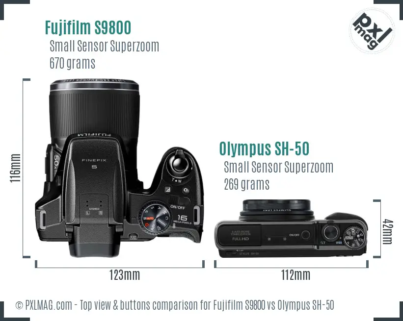 Fujifilm S9800 vs Olympus SH-50 top view buttons comparison