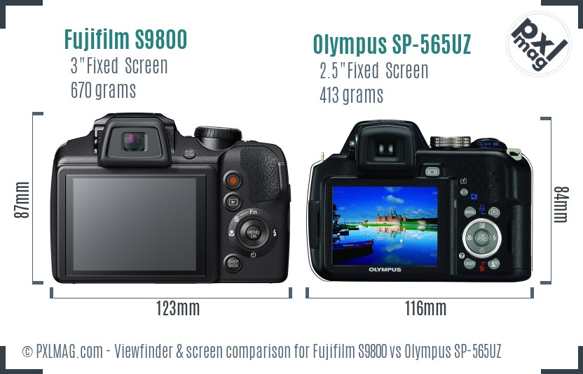 Fujifilm S9800 vs Olympus SP-565UZ Screen and Viewfinder comparison