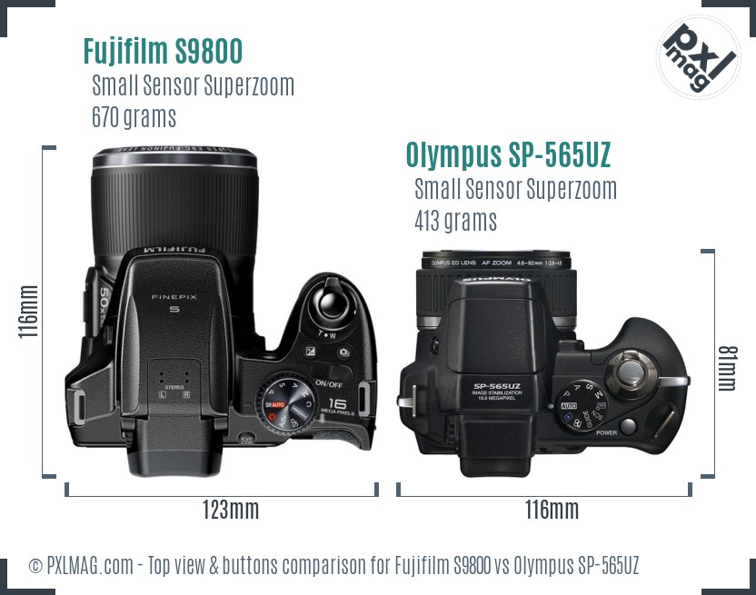 Fujifilm S9800 vs Olympus SP-565UZ top view buttons comparison