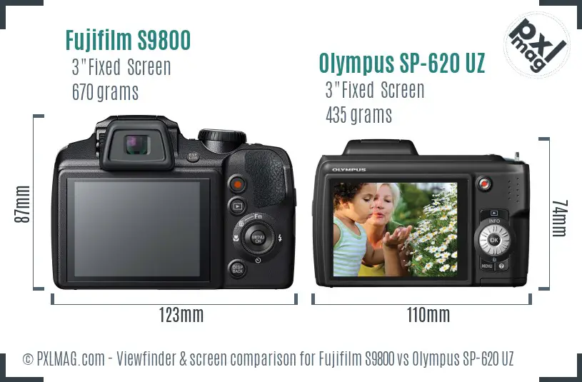 Fujifilm S9800 vs Olympus SP-620 UZ Screen and Viewfinder comparison