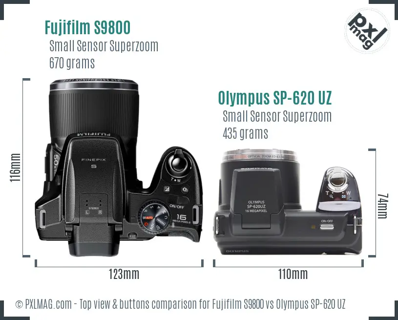 Fujifilm S9800 vs Olympus SP-620 UZ top view buttons comparison